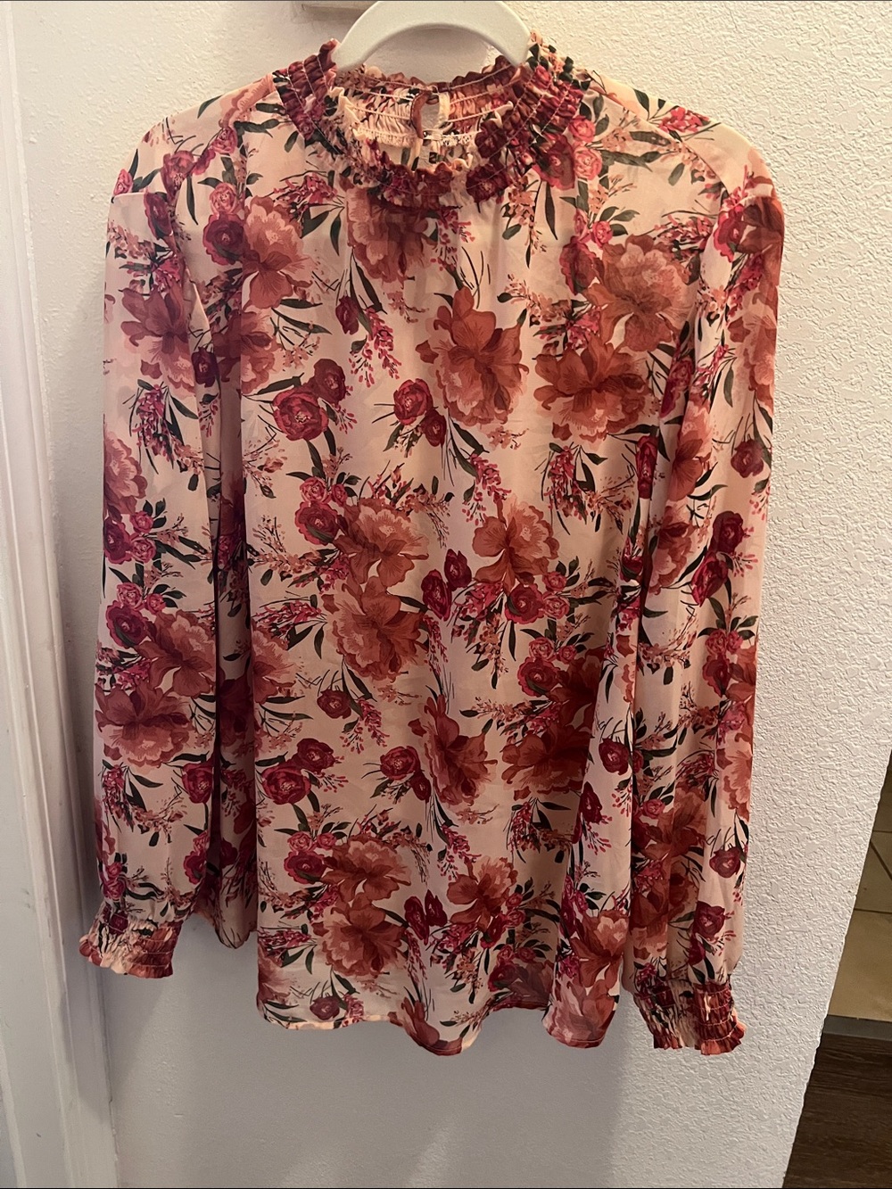 torrid Pink Floral Ruffle-Neck sheer Long Sleeve Blouse
